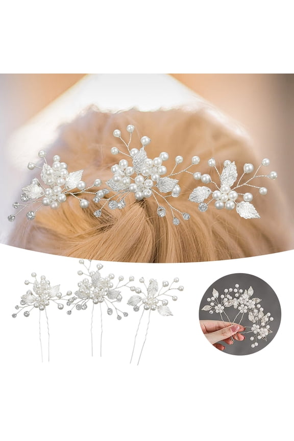 Elegant Pearl Bride Wedding Hair Pins Leaf Bridal Head Piece Exquisite Flower Accessories for Women and Girls for Pack of 3
