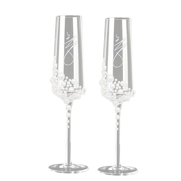 Elegant Pearl Crystal Champagne Glasses with Cursive Script Design,Handcrafted Clear Glassware for Wedding,Bridal Shower