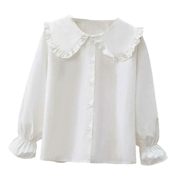 Elegant Pearl-Embellished Ruffled Collar Long Sleeve Blouse for Girls, Festive Party Outfit, School Uniform with Button-Down Detail