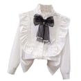 thumbnail image 1 of Elegant Pearl-Embellished Ruffled Collar Long Sleeve Blouse for Girls, Festive Party Outfit, School Uniform with Button-Down Detail, 1 of 3