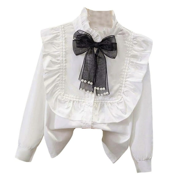 Elegant Pearl-Embellished Ruffled Collar Long Sleeve Blouse for Girls, Festive Party Outfit, School Uniform with Button-Down Detail