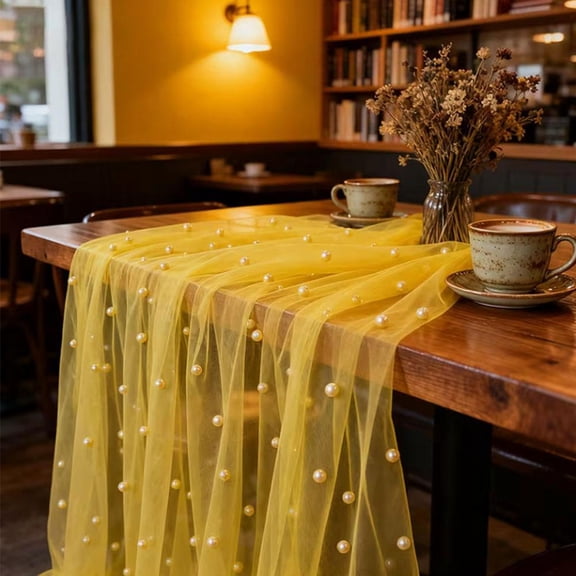 Elegant Pearl Embellished Table Runner 75x300cm Lightweight Mesh for Weddings Parties Decor