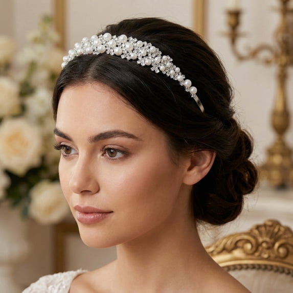 Miallo Elegant Pearl Rhinestone Headband for Women - Silver Bridal Tiara Hair Accessories for Wedding, Bridesmaids & Prom Parties
