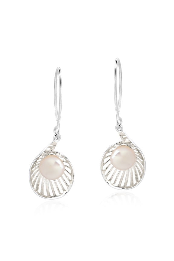 Elegant Pearl in a Seashell Sterling Silver Dangle Earrings