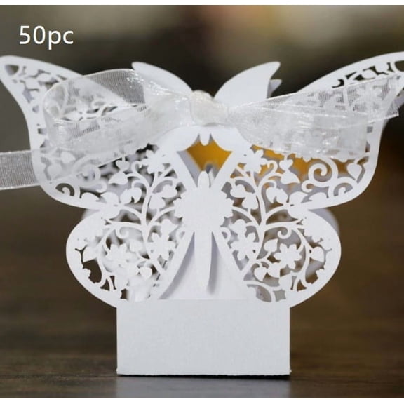 Elegant Pearlescent Butterfly Candy Box for Wedding Favors - Luxurious Treat Packaging with Ribbon Tie for Celebrations