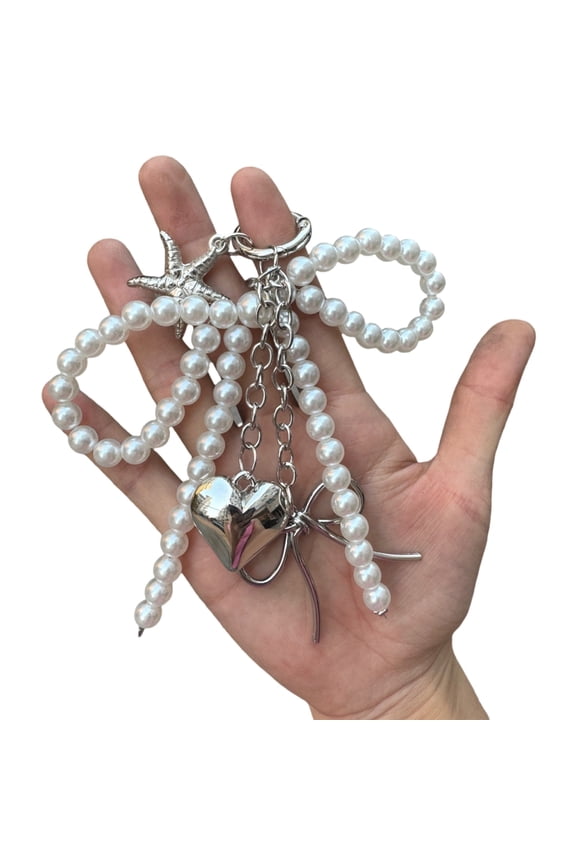 Elegant Pearls Beaded Bowknot Keychain Charm Cute Key Rings Accessory for Women