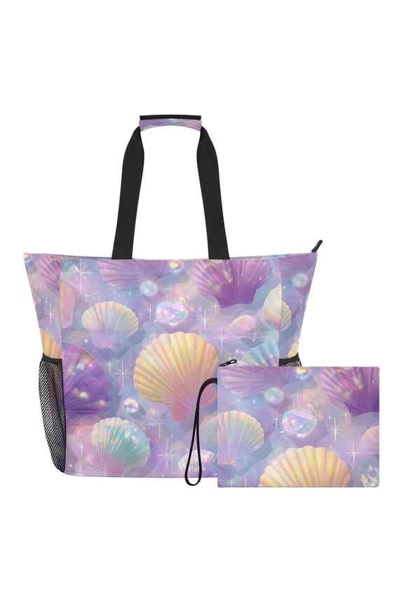 Elegant Pearls Shells Gems Stars Beach Bag Travel Tote Bag Reusable Shopping Bag Gym Bag with Wet Pocket Waterproof