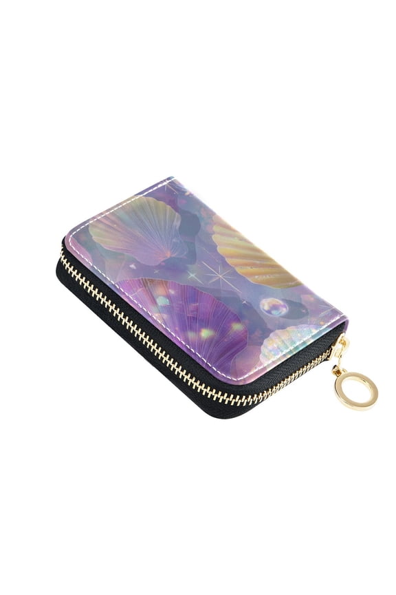 Elegant Pearls Shells Gems Stars Women's Credit Card Holder PU Leather Zipper Wallet RFID Blocking