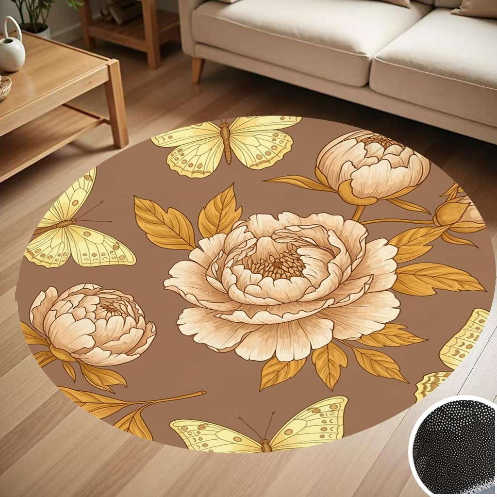 Elegant Peonies Butterflies Pattern Round Carpet Living Room Bedroom ...