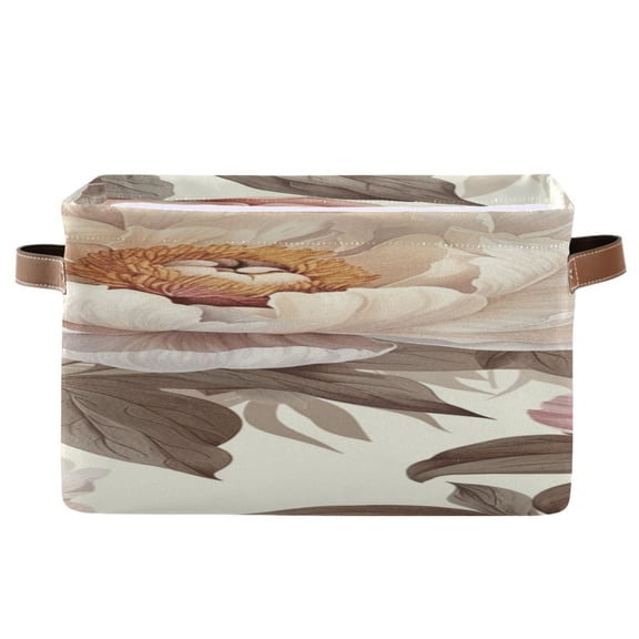 Elegant Peony Flowers Leaves Square Storage Bins with Handles Collapsible Containing Box 1 Pack