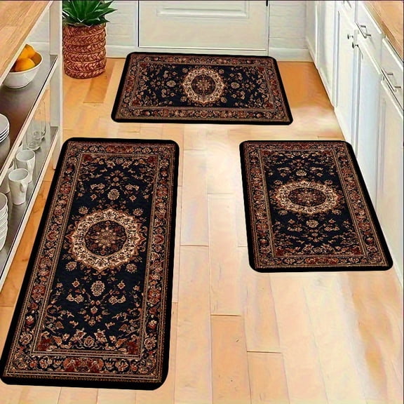 Elegant Persian Kitchen Rug Set, 3-Piece Slip-Resistant Flannel Mats, Machine Washable Dark Blue Absorbent Mat for Sink, Hallway