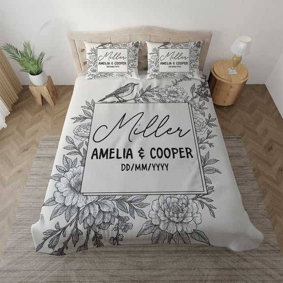 Elegant Personalized Couple Bedding Set with Floral Design – Custom Wedding Anniversary, Engagement Gift for Bedroom