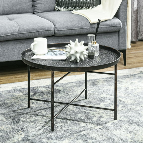 Elegant Pewter Rattan Coffee Table - 24" Round Metal Side Table with Hammered Floral Design, Adjustable Feet for Living Room & Bedroom Stability