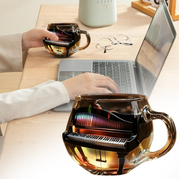 Elegant Piano Shaped Glass Cup - Hand-Painted Keyboard Design Coffee Mug for Music Lovers, Heat Resistant Artware Gift for Pianists & Teachers (Classical Theme)