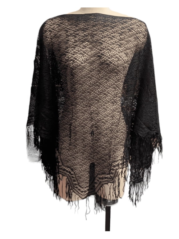 Elegant Piano Shawl Fringe Open Weave Lace, Black, One Size fits All