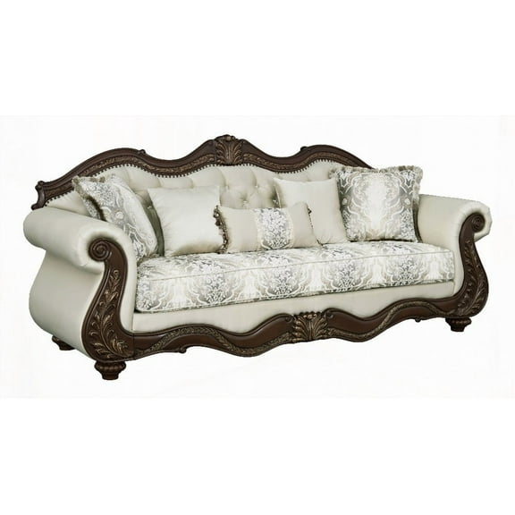 Elegant Pierce Beige Fabric & Cherry Finish Sofa w/5 Pillows - 70" Seat Width, 220lbs Capacity