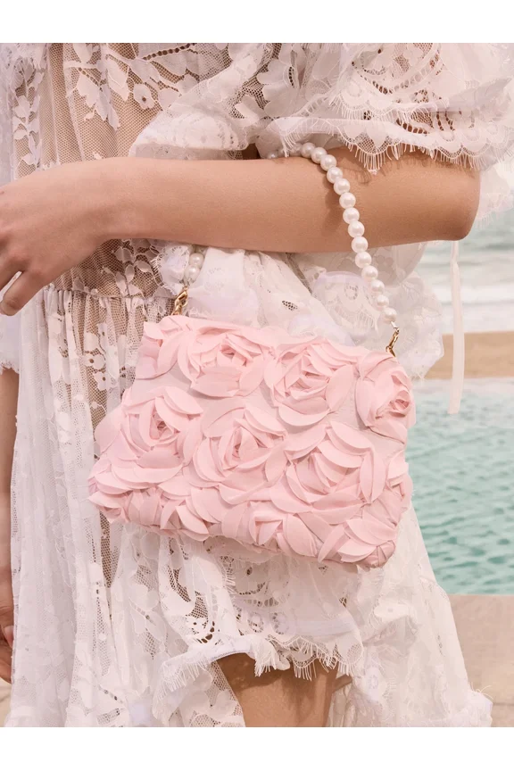 Elegant Pink 3D Rose Flower Evening Handbag With Pearl Chain Strap
