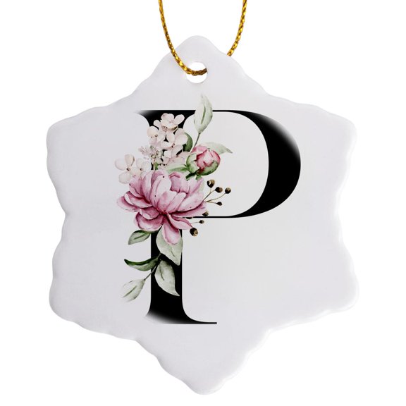 3drose, Elegant Pink and Purple Peony Flower Monogram P, 3 inch Snowflake Porcelain Ornament
