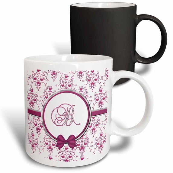 3drose, Elegant Pink and Silver Heart Damask Monogram Letter B, 11oz Magic Transforming Mug