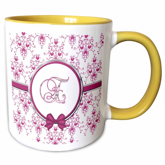 3drose, Elegant Pink and Silver Heart Damask Monogram Letter E, 11oz Two-tone Yellow Mug