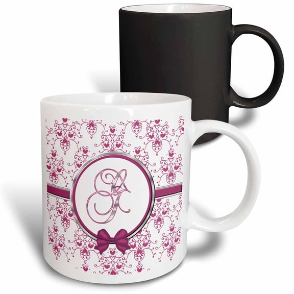 3drose, Elegant Pink and Silver Heart Damask Monogram Letter G, 11oz Magic Transforming Mug