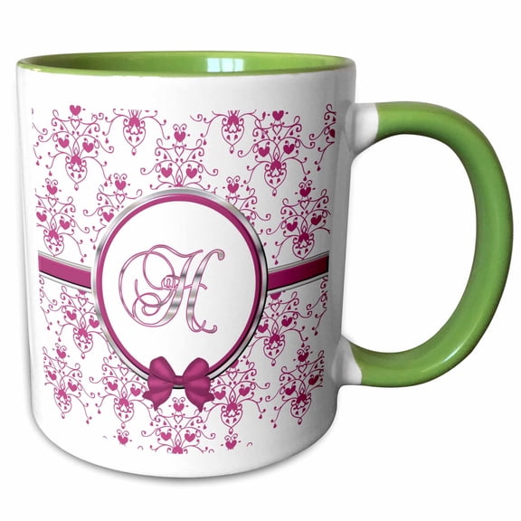 3drose, Elegant Pink and Silver Heart Damask Monogram Letter H, 15oz Two-tone Green Mug