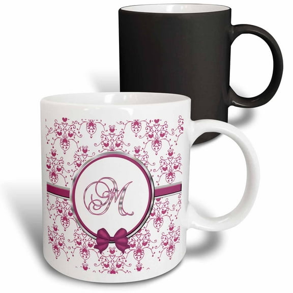 3drose, Elegant Pink and Silver Heart Damask Monogram Letter M, 11oz Magic Transforming Mug