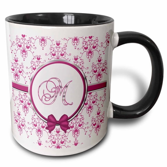 3drose, Elegant Pink and Silver Heart Damask Monogram Letter M, 11oz Two-tone Black Mug