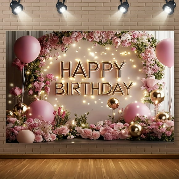 Elegant Pink Balloon Birthday Backdrop with Floral Garland & Golden Accents - Polyester, Perfect for Social Gatherings, Photoshoots & Celebrating Special Moments, Birthday Party Decorations