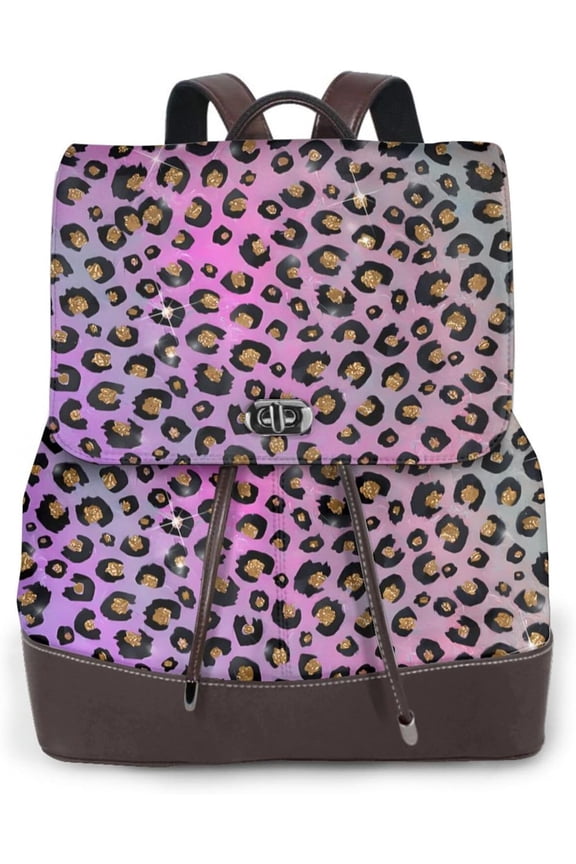 Elegant Pink Blue Gold Glitter Black Leopard Print Leather Backpack Purse for Women: Ladies Travel Fashion Back Pack - Genuine Leather Bag Casual Handbags for Work