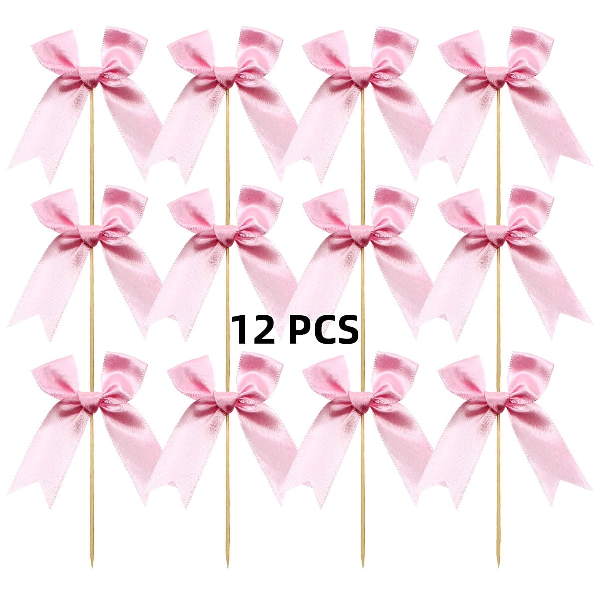 15 Pink Bow Cupcake Toppers - Satin Ribbon Bows For Cake Decor, Weddings, Baby Showers, Birthdays