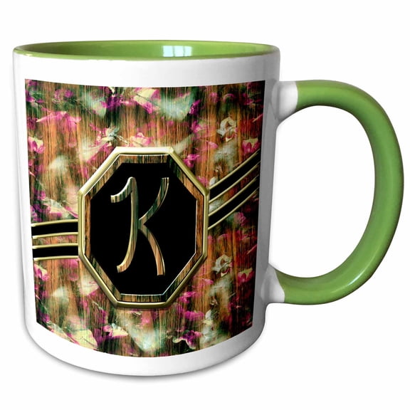 3drose, Elegant Pink Camouflage Monogram Letter K Faux Gold Wood Grain Image, 11oz Two-tone Green Mug
