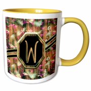 3drose, Elegant Pink Camouflage Monogram Letter W Faux Gold Wood Grain Image, 11oz Two-tone Yellow Mug