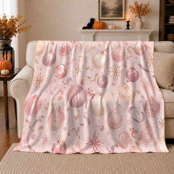 Elegant Pink Christmas Ornament Pattern, Festive Holiday Scene, Warm Flannel Blanket for Living Room and Reading Nook, Art Lovers Christmas Gift, Festive Home Decor