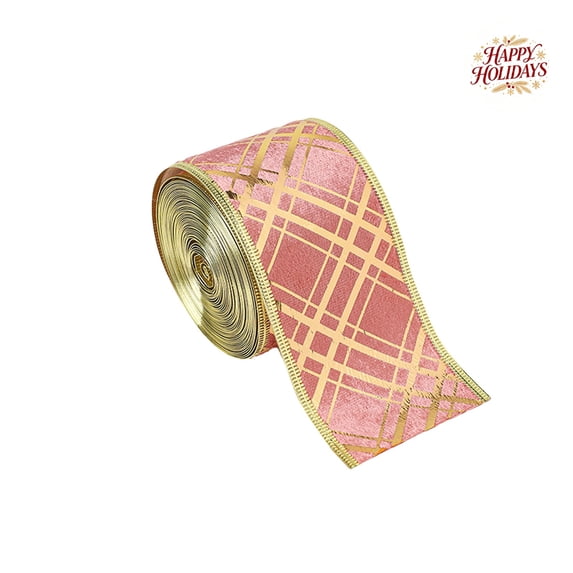 Elegant Pink Christmas Ribbon 2.19 Yards with Gold Checkered Pattern Soft Woven Fabric for Tree Wreath Gift Wrapping Holiday Party Decorations DIY Craft Home Decor