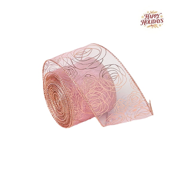 Elegant Pink Christmas Ribbon 2.19 Yards with Gold Lace Hollow Pattern Soft Woven Fabric for Tree Wreath Gift Wrapping Holiday Party Decorations DIY Craft Home Decor