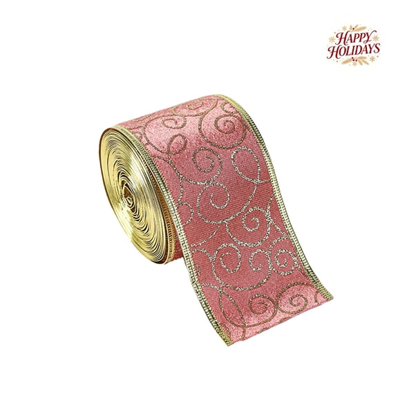 Elegant Pink Christmas Ribbon 2.19 Yards with Matte Rose Gold Print Soft Woven Fabric for Tree Wreath Gift Wrapping Holiday Party Decorations DIY Craft Home Decor