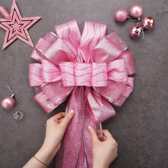 Elegant Pink Christmas Tree Topper – Glitter Satin Star with Flowing Mesh Streamers, Festive Holiday Decor