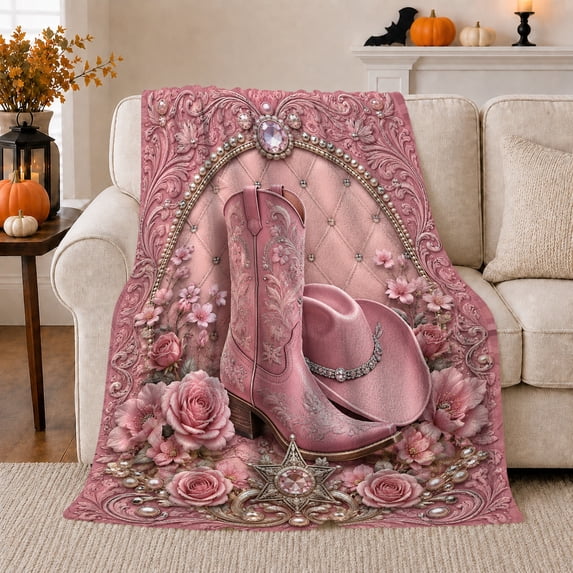 Elegant Pink Cowgirl Boot Hat Floral, Cozy Botanical Garden Scene, Warm Flannel Blanket for Cabin and Lodge with Detailed Artwork, Garden Lovers Housewarming Gift, Rustic Home Decor