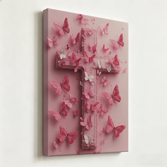 Elegant Pink Cross with Butterflies Canvas Wall Art Beautiful Christian Religious Painting Floral Butterfly Faith Poster Monochromatic Spiritual Decor Living Room Bedroom Canvas Prints Ready to Hang