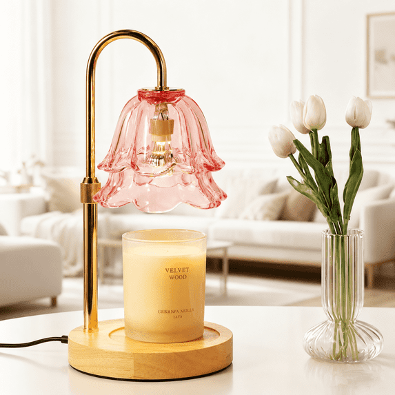 Elegant Pink Floral Candle Warmer Lamp for Jar Candles, Adjustable Height Dimmable with Timer & 2 Bulbs