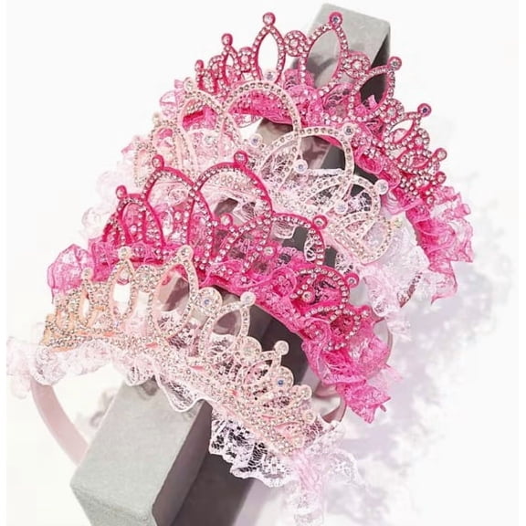 Elegant Pink Lace Rhinestone 3D Crown Headband for Women Girls Sparkly Wedding Party Hair Accessory