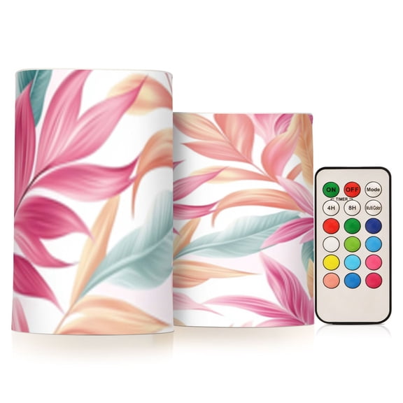 Elegant Pink Leaves Flickering Flameless Candles Battery Operated with Remote Timer LED Pillar Candles Set of 2