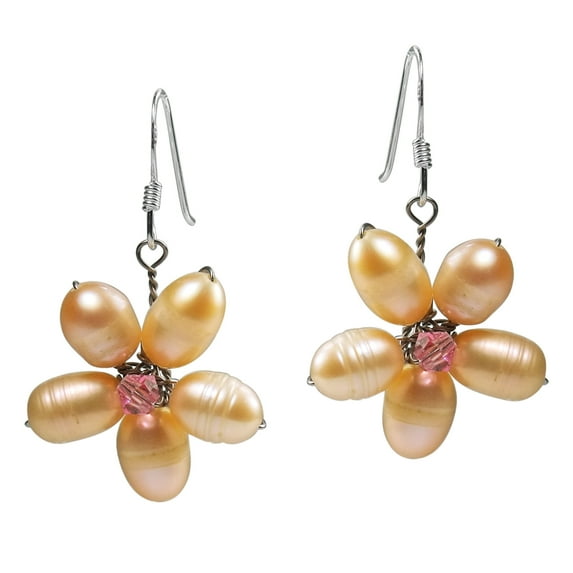 Elegant Pink Pearl Crystal Daisy Flower .925 Silver Wedding Bridal Earrings