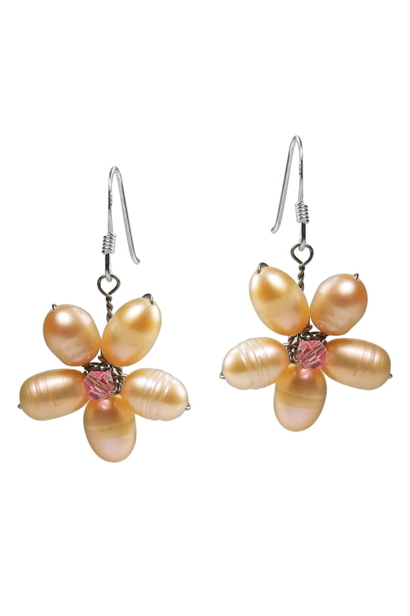 Elegant Pink Pearl Crystal Daisy Flower .925 Silver Wedding Bridal Earrings