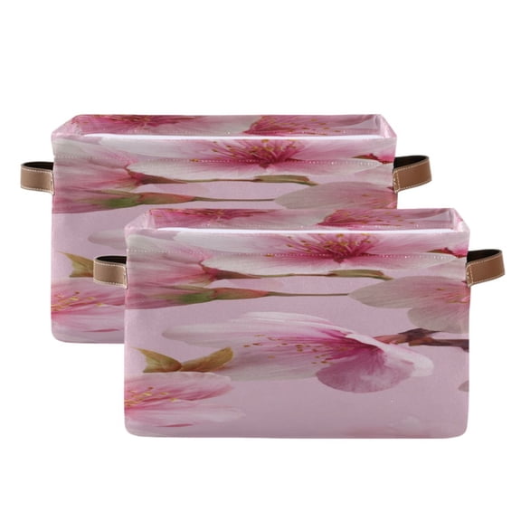 Elegant Pink Plum Blossom Square Storage Bins with Handles Collapsible Containing Box 2 Packs