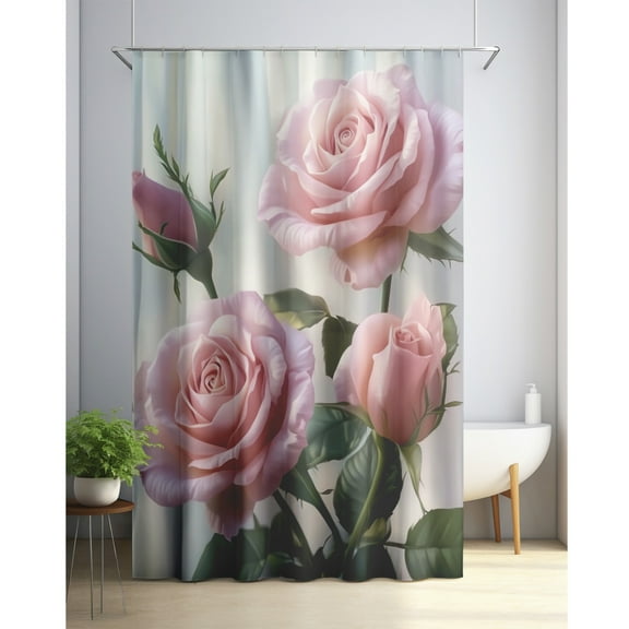 Elegant Pink Rose Shower Curtain - Soft petals and delicate buds design, soft background, romantic and peaceful bathroom decoration, polyester, contains 12 hooks, washable,