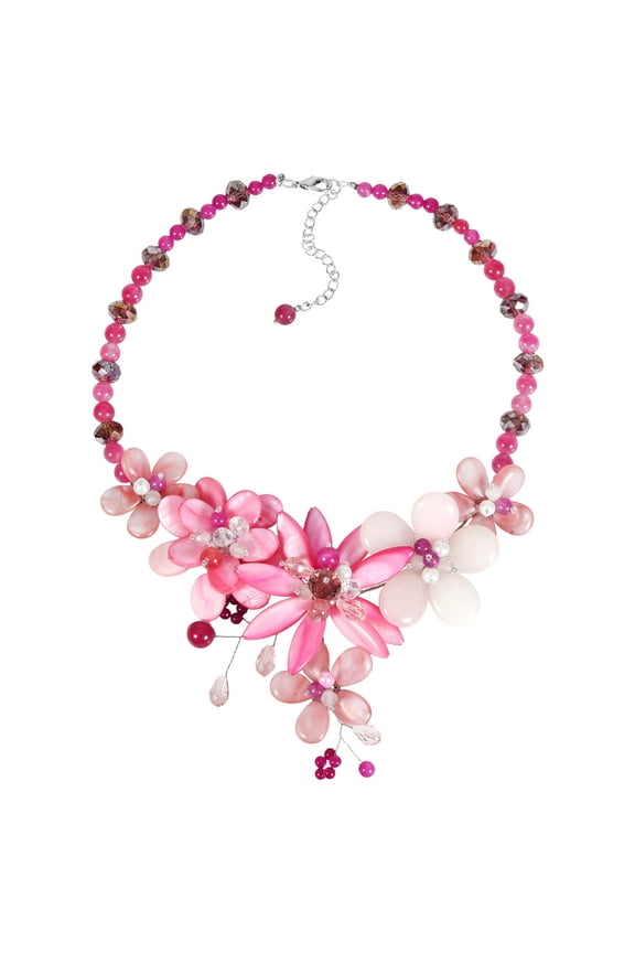 Elegant Pink Tropical Garden Mixed Seashell, Stone, and Crystal Floral Necklace