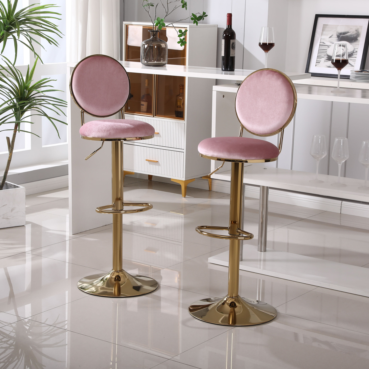 Elegant Pink Velvet Bar Stools with Back and Footrest 2Piece Set