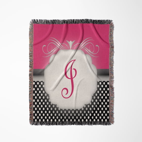 Elegant Pink With Black And White Polka Dot Monogram Letter J, Woven Blanket